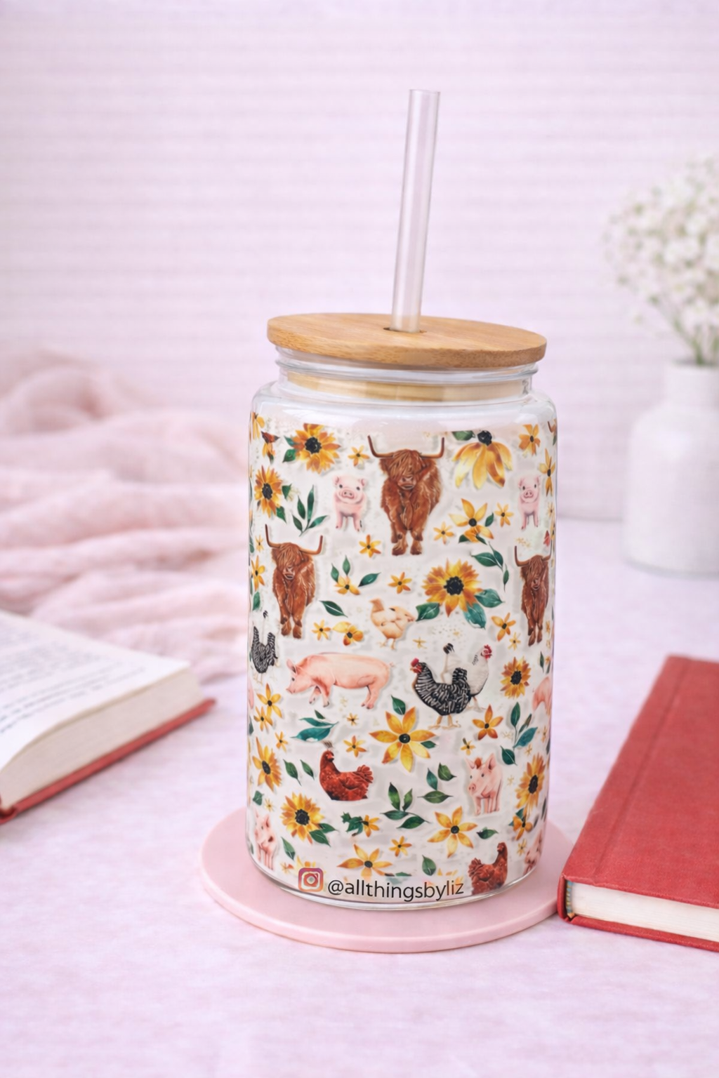 Farm life animals glass cup