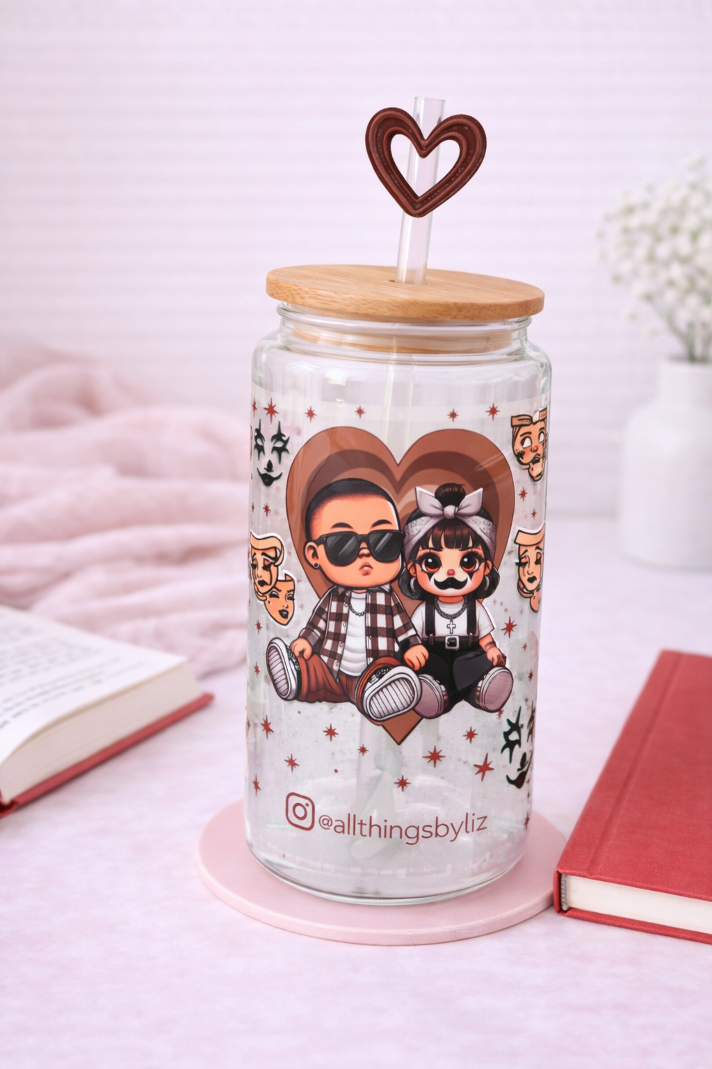 Personalized Cartoon Couple Glass Can Cup – Bamboo Lid & Heart Straw Topper