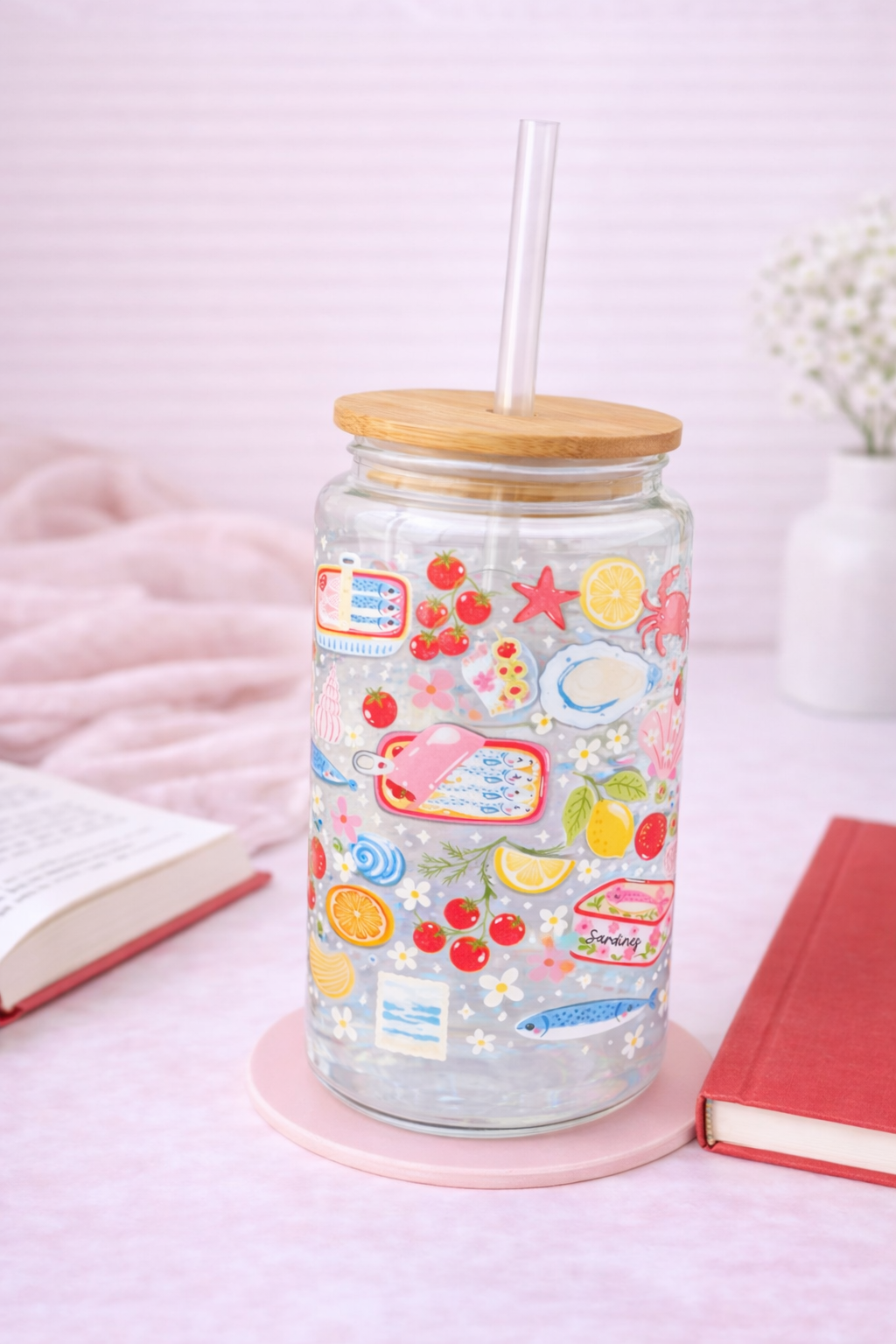 Sardines & Citrus Glass Can Cup | Coastal Aesthetic Drinking Glass