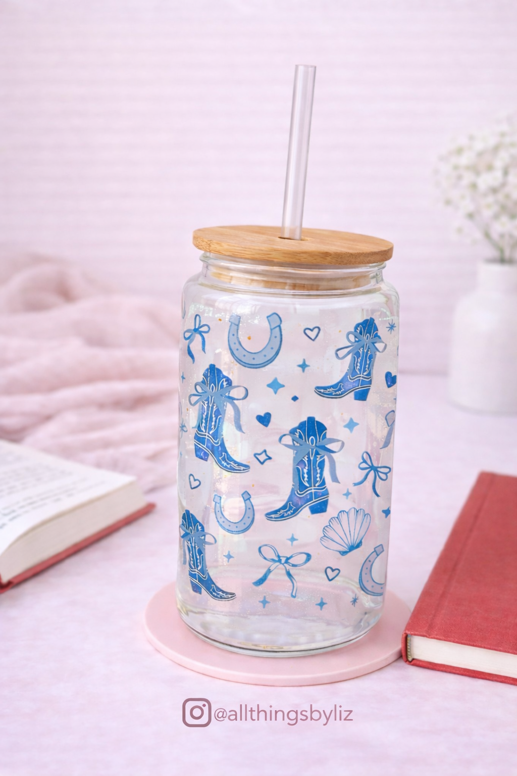Boho Glass Can Tumbler | Western Cowgirl Pattern | Clear Glass Cup with Straw