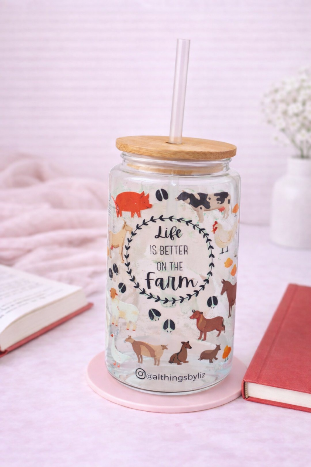 Life Is Better on the Farm Glass Can Cup | Farm Animal Iced Coffee Glass | Bamboo Lid & Straw