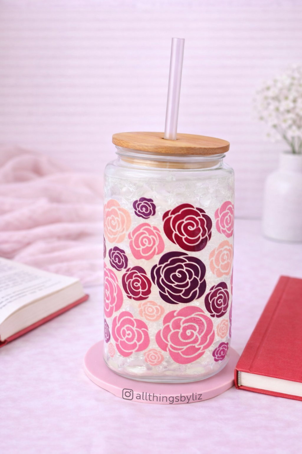 Pink Rose Floral Glass Can Wrap Tumbler – 16oz Clear Glass Cup