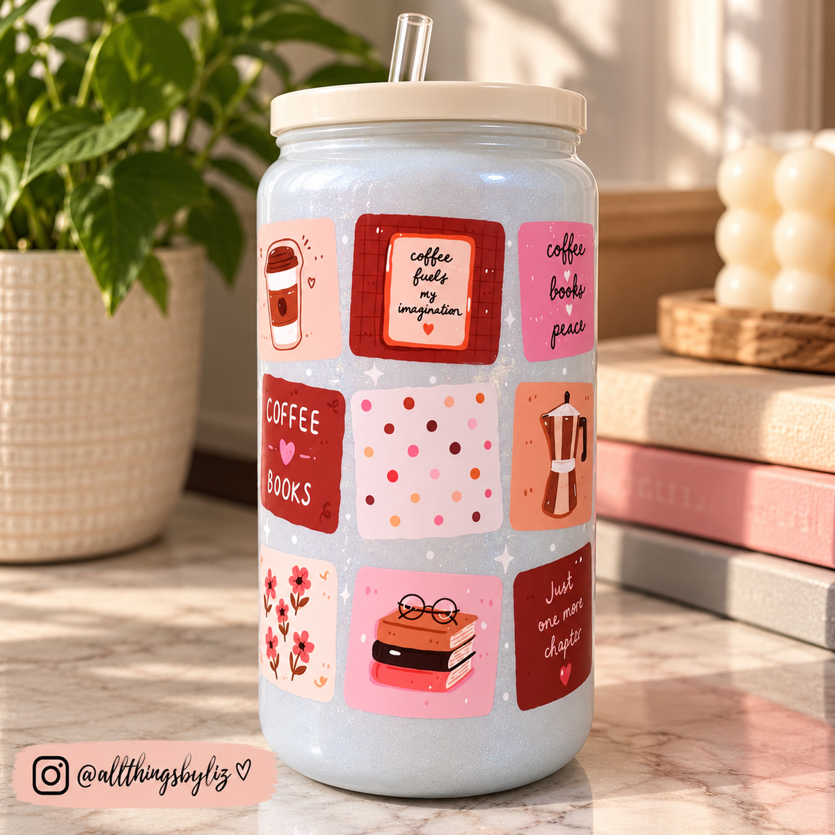Coffee & Books 16oz Glass Tumbler with Lid & Clear Straw | Book Lover Gift