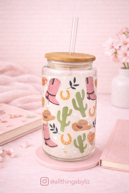Western Cowgirl Glass Can Cup | Pink Boots & Cactus | Bamboo Lid & Straw