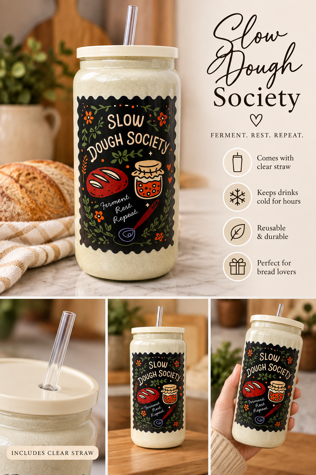 Slow Dough Society Glass Tumbler with Lid & Clear Straw | Sourdough Lover Cup
