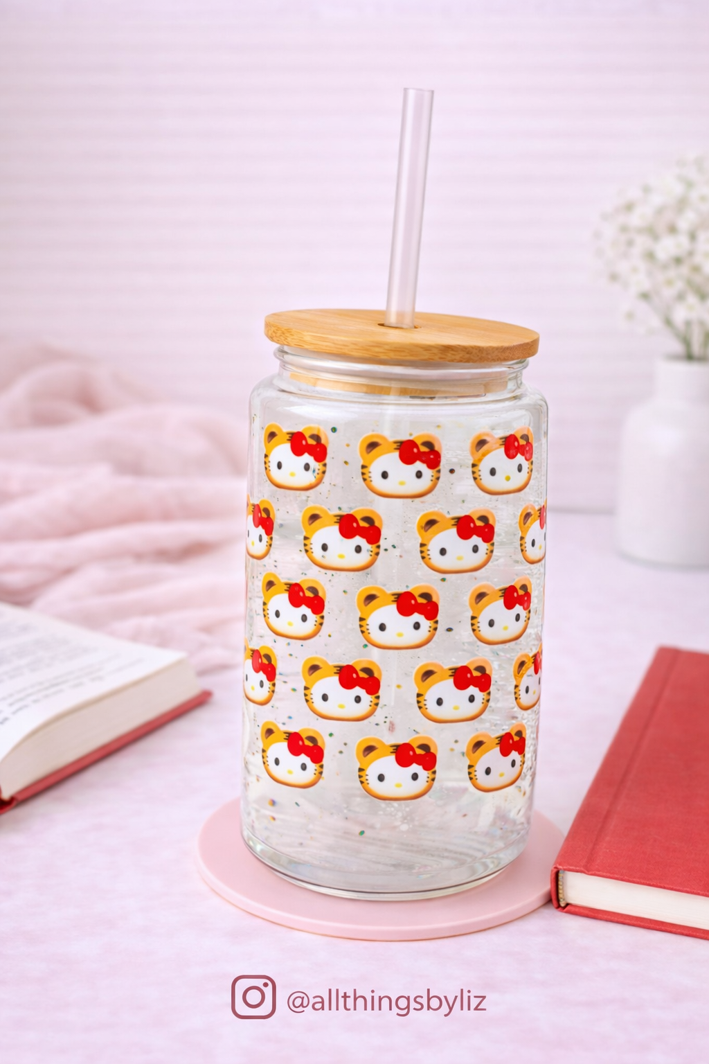 ✨ Tiger Kitty Glass Can Cup | Cute Bamboo Lid & Straw | 16oz Glass Tumbler 🦁