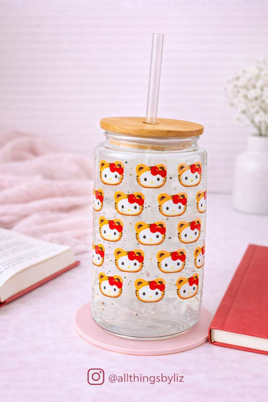 ✨ Tiger Kitty Glass Can Cup | Cute Bamboo Lid & Straw | 16oz Glass Tumbler 🦁