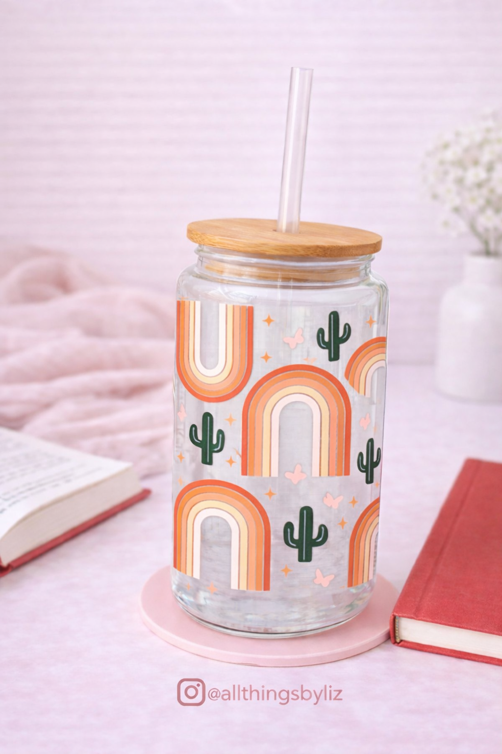 Boho Rainbow Glass Can Cup | Neutral Rainbow Wrap | 16oz Glass Tumbler with Bamboo Lid