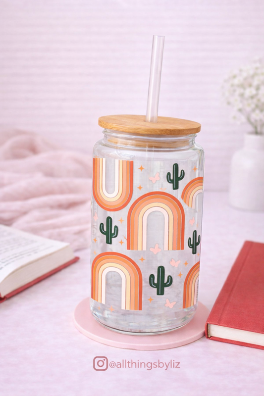 Boho Rainbow Glass Can Cup | Neutral Rainbow Wrap | 16oz Glass Tumbler with Bamboo Lid