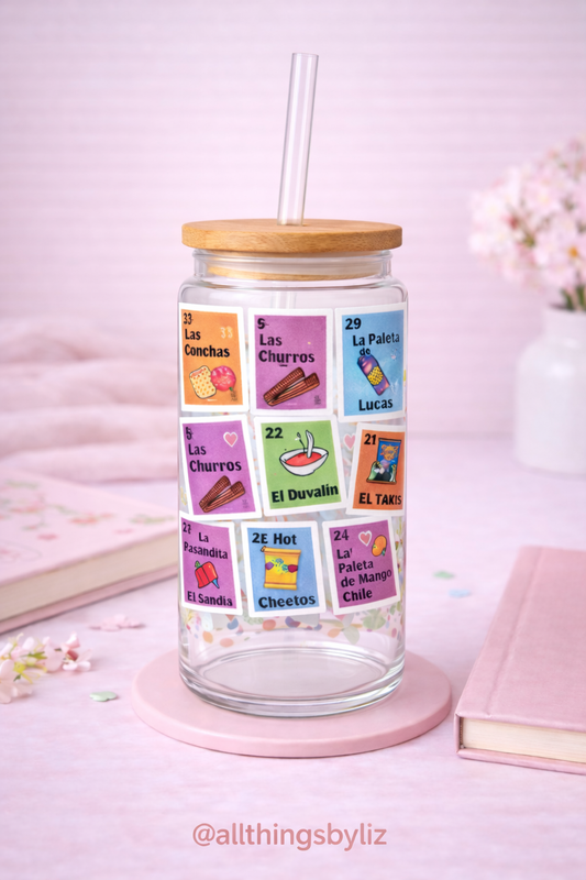 Mexican Candy Lotería Glass Can Cup | Bamboo Lid & Straw | 16oz Glass Tumbler