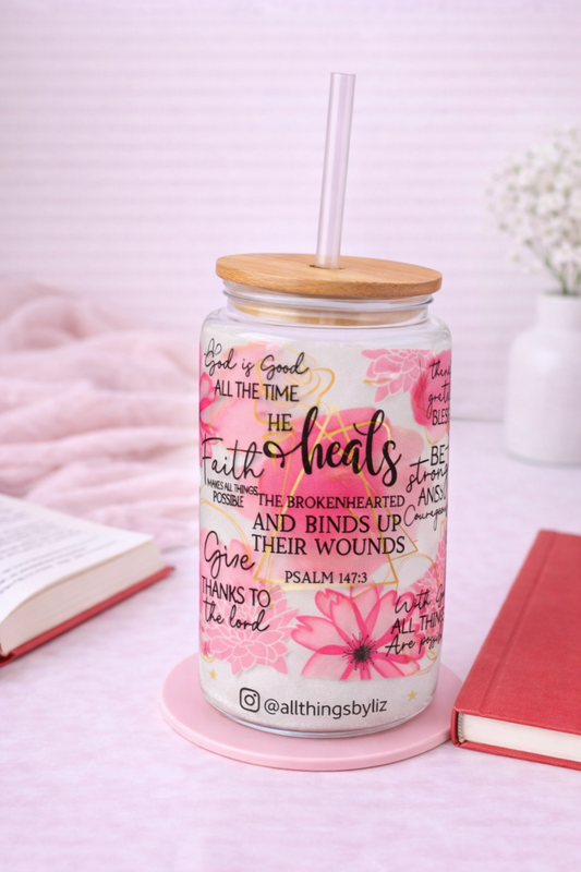 Faith-Inspired Glass Can Tumbler Wrap | Christian Scripture Cup | 16oz Glass Can Design