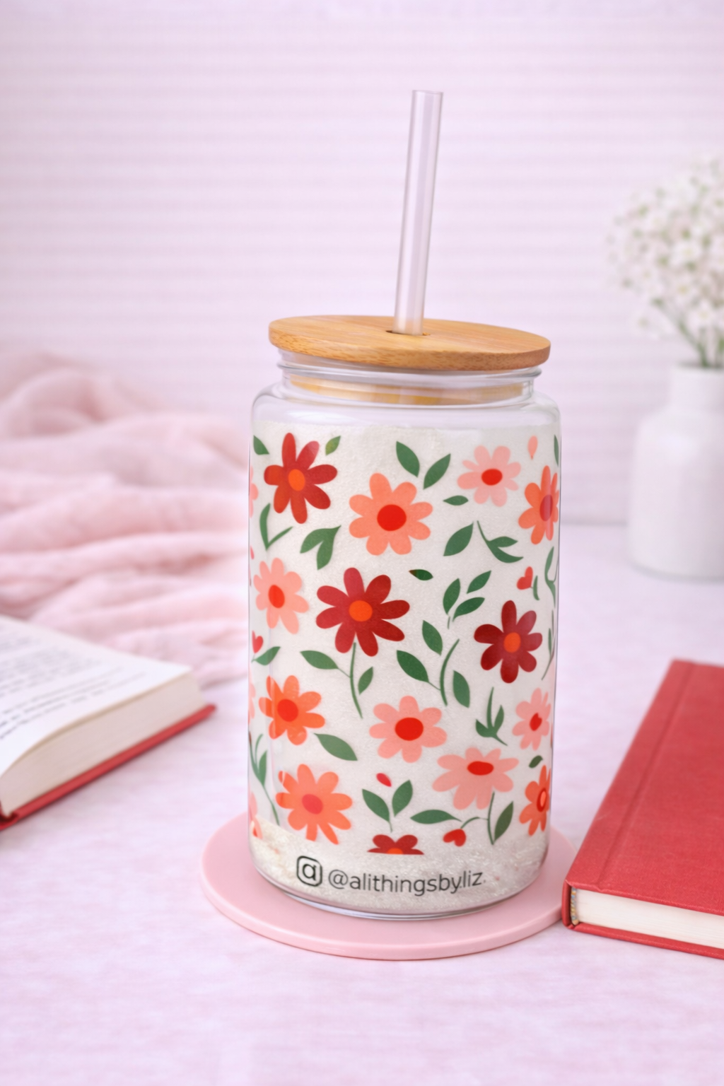 Floral Glass Can Cup | Retro Flower Design | 16oz Iced Coffee Tumbler
