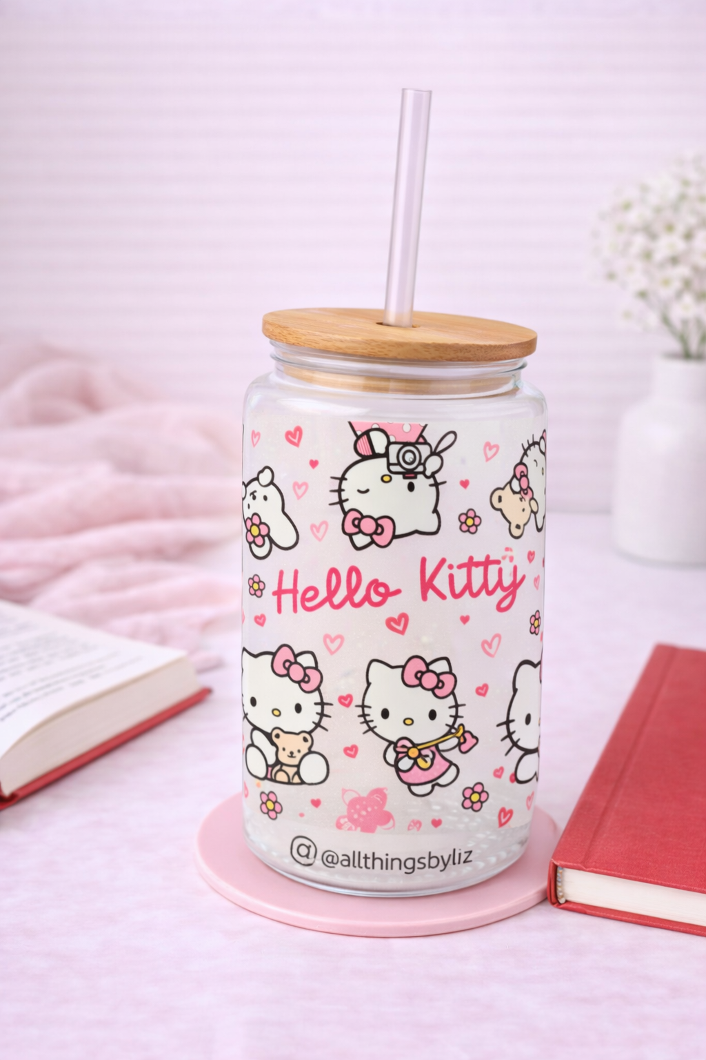 Pink Kitty-Inspired Clear Glass Can Cup | Cute Bow & Heart Design | 16oz Glass Tumbler