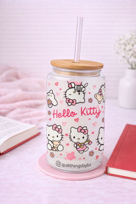 Pink Kitty-Inspired Clear Glass Can Cup | Cute Bow & Heart Design | 16oz Glass Tumbler