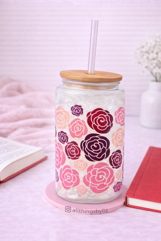 Pink Rose Floral Glass Can Wrap Tumbler – 16oz Clear Glass Cup