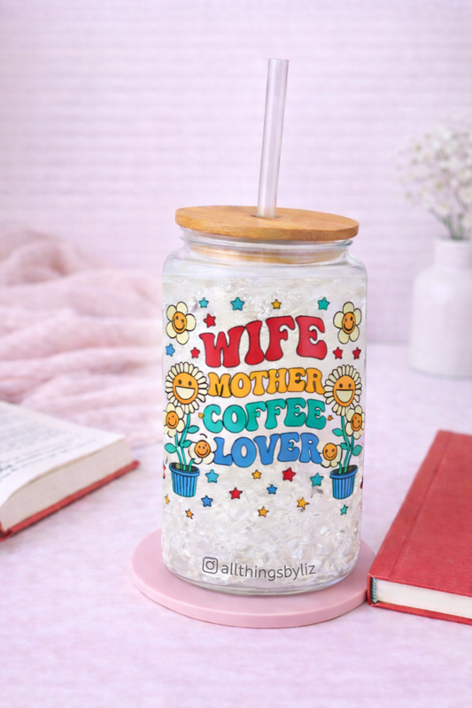 Wife Mother Coffee Lover Glass Can Wrap | Retro Smiley Flower 16oz Glass Tumbler Wrap | Cute Coffee Cup Design