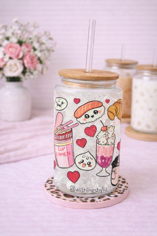 Kawaii Food & Drink Glass Can Wrap | Cute Ramen, Sushi & Dessert Tumbler | 16oz Glass Can Wrap